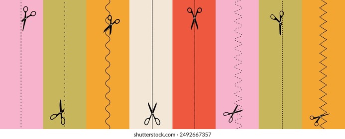 Colorful Seamless Pattern of Scissors and Cut Lines on Vibrant Striped Background