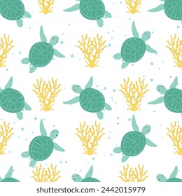 Colorful seamless pattern with sea animals. Trendy cartoon pattern of seashells for wrapping paper, wallpaper, stickers, notebook cover.