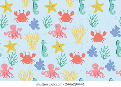 Colorful seamless pattern with sea animals. Trendy cartoon pattern of seashells for wrapping paper, wallpaper, stickers, notebook cover.