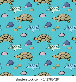 Colorful seamless pattern with sea creatures in doodle style. Vector background.