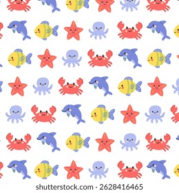 Padrão colorido sem emenda com criaturas marinhas e conchas. Estrelas, golfinhos, caranguejos e peixes em grade de desenhos animados brilhante.