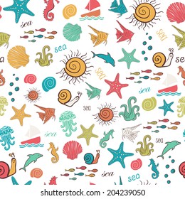 Colorful seamless pattern with sea marine inhabitants
