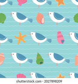 Colorful seamless pattern with seagulls and seashells, seaside, coast. Summer vacation vector background, wallpaper. 