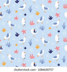 Colorful seamless pattern with seagulls in vector. Cute cartoon seagulls on a coast. Summer vacation. Good for print.