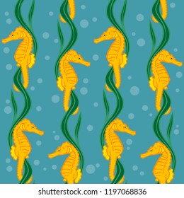 Colorful seamless pattern with seahorse and algae. Hippocampus vector pattern  for Wallpaper, fabric, digital paper.