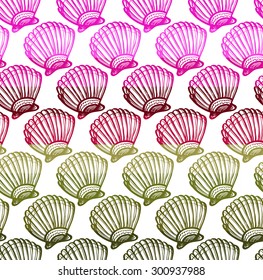 Colorful seamless pattern with seashell summer ocean beach elements separated by color stripes on white background.
