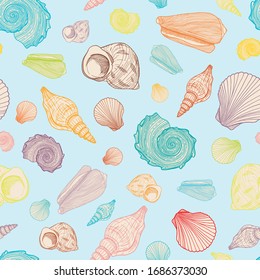 Colorful seamless pattern with seashells. Hand drawn outline vector illustration of underwater shells. Nautical background. Marine elements on pastel blue for cards, decoration, textile, print