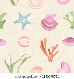 Colorful seamless pattern with seashells, starfish, molluscs, corals and seaweed on light background. Backdrop with sea flora and fauna. Realistic hand drawn vector illustration for wrapping paper