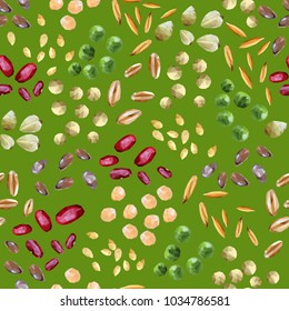 Colorful seamless pattern with seeds, beans, grains on the editable green background. Vector texture. Organic food. Polygonal style