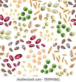 Colorful seamless pattern with seeds, beans, grains on the white background. Vector texture. Organic food. Polygonal style 