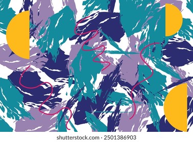 Colorful seamless pattern from semi circle on the bright brush strokes background. 80's - 90's years design style. Trendy. Vector illustration