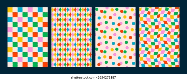 Colorful seamless pattern set with checkered, diamond, dot, and wavy checker designs. Retro confetti pattern background with bright abstract vector elements. Perfect for wrapping paper and fabric