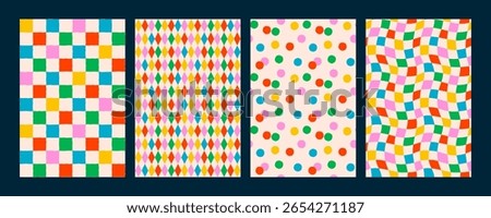 Colorful seamless pattern set with checkered, diamond, dot, and wavy checker designs. Retro confetti pattern background with bright abstract vector elements. Perfect for wrapping paper and fabric