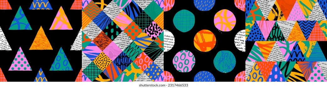 Colorful seamless pattern set with collage art texture. Modern contemporary art background collection, geometric shape hand drawn print, maximalist graffiti paint patchwork wallpaper.