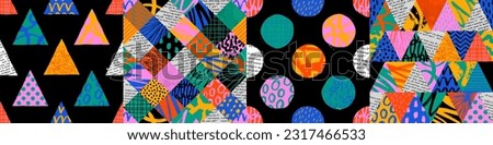 Colorful seamless pattern set with collage art texture. Modern contemporary art background collection, geometric shape hand drawn print, maximalist graffiti paint patchwork wallpaper.