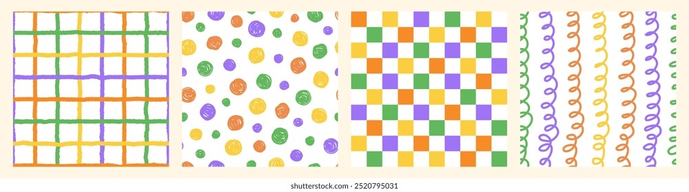 Colorful seamless pattern set of hand drawn curved checkered lines, polka dots and strip. Trendy design with abstract shapes, simple and playful doodle wallpaper print