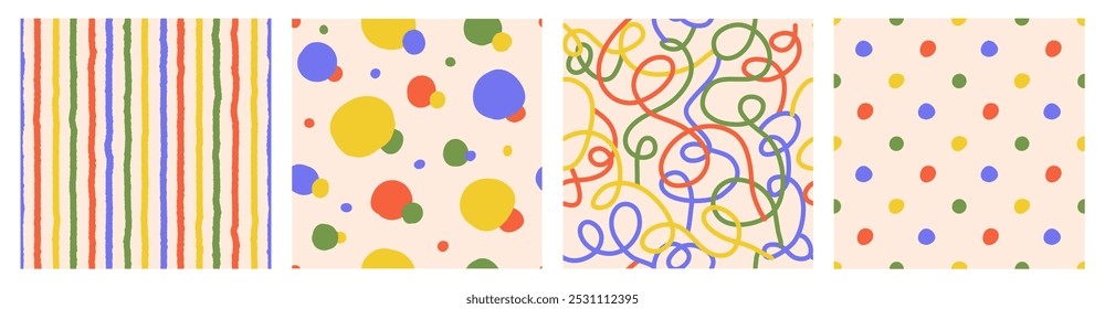 Colorido conjunto de patrones sin fisuras de líneas curvas a cuadros dibujadas a mano, tiras y lunares. Diseño de moda con Formas abstractas, simple y juguetón Vector doodle Fondo de pantalla impresión