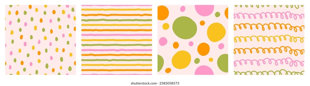 Colorful seamless pattern set of hand drawn curved lines, spirals, dots and texture strip. Trendy vector design with abstract shapes, simple and playful doodle wallpaper print.