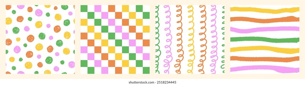 Colorful seamless pattern set of multicolored hand drawn curved checkered, polka dots and strip. Trendy design with abstract shapes, simple and playful doodle wallpaper print