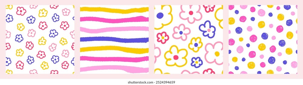 Colorful seamless pattern set of multicolored hand drawn curved checkered lines, polka dots and flowers. Trendy design with abstract shapes, simple and playful doodle wallpaper print