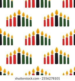 A colorful seamless pattern with seven kinara candles. Cute Kwanzaa celebration print. Banner, poster, background, textile, wallpaper, wrapping paper template.