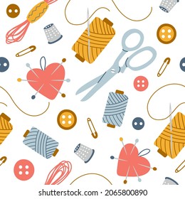 Colorful Seamless Pattern Of Sewing  Tools For Needlework On White Background. Trendy Hand Drawn Vector Illustration.