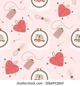 Colorful seamless pattern  of sewing tools for embroidery  on pink background. Trendy hand drawn vector illustration.