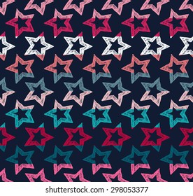 Colorful seamless pattern with shaded and hatching star elements separated by color stripes on dark background.