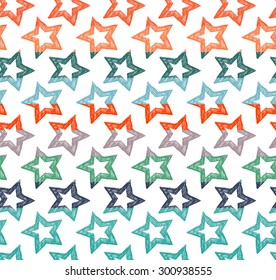 Colorful seamless pattern with shaded and hatching star elements separated by color stripes on white background.