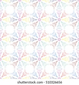 Colorful seamless pattern with shapes as snowflakes isolated on white background. Festive design for New year, Christmas, holidays, fabric, wrapping paper, interior, invitations, wedding, cards. 