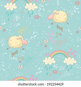 Colorful seamless pattern with a sheep and a rainbow. EPS 10. No transparency. No gradients.