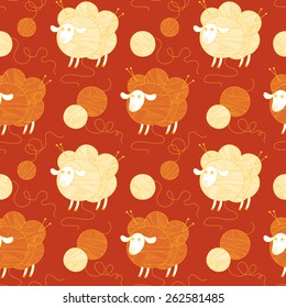 Colorful seamless pattern with sheep and skeins of wool yarn.