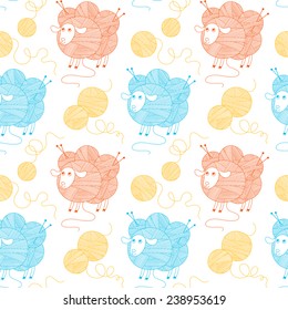 Colorful seamless pattern with sheeps and skeins of wool yarn.