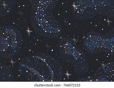 Colorful Seamless Pattern with shiny Stars. Dark Starry Night. Red, yellow, blue stars. Part of Astronomy and Space Collection. Vector Illustration