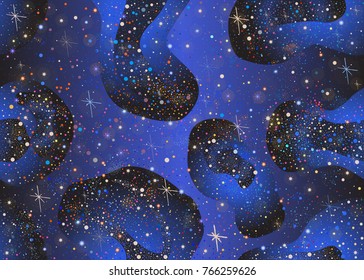 Colorful Seamless Pattern with shiny Stars of all colors. Dark Starry Night. Red, yellow, blue stars. Part of Cosmos, Astronomy and Space Collection. Detailed Illustration. Vector Illustration