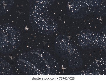 Colorful Seamless Pattern with shiny Stars. Dark Starry Night. Red, yellow, blue stars. Part of Cosmos, Astronomy and Space Collection. Detailed Illustration. Vector Illustration