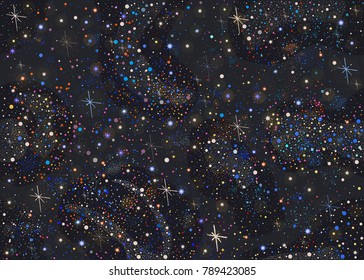 Colorful Seamless Pattern with shiny Stars. Dark Starry Night. Red, yellow, blue stars.