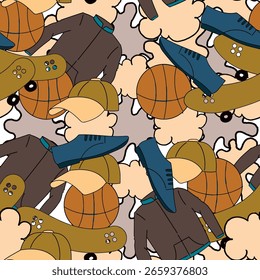 Patrón inconsútil colorido que muestra balones de baloncesto, gorras, monopatines, chaquetas y zapatos en un diseño aleatorio.