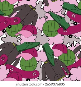 Colorful seamless pattern showcasing basketballs, caps, skateboards, jackets, and shoes in a random layout.