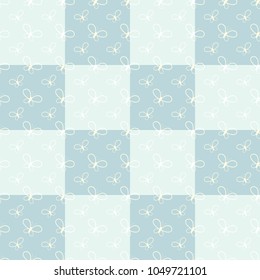 Colorful seamless pattern of silhouettes of abstract butterflies against the background of squares. Simple flat vector illustration. For the design of paper wallpaper, fabric, wrapping paper, covers.