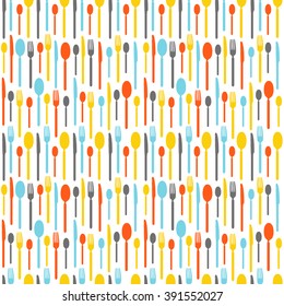 Colorful seamless pattern with silhouettes of cutlery. Wallpaper with colored silhouettes of cutlery. Silhouettes fork, knife, teaspoon, tablespoon. Vector.