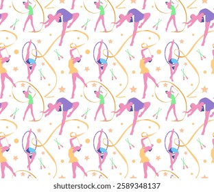 Colorful seamless pattern with silhouettes of rhythmic gymnasts doing performance with ribbons, ball and hoop.