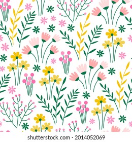 Patrón ininterrumpido colorido con flores simples, hojas, plantas. Fondo floral plano simple para papel de pared, papel de envoltura, diseño de superficie