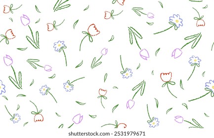 Colorful seamless pattern with simple flowers. Bloom botanical elements drawing by wax pencil on blackboard. Vector floral background for children's drawing with chalk with doodle elements.