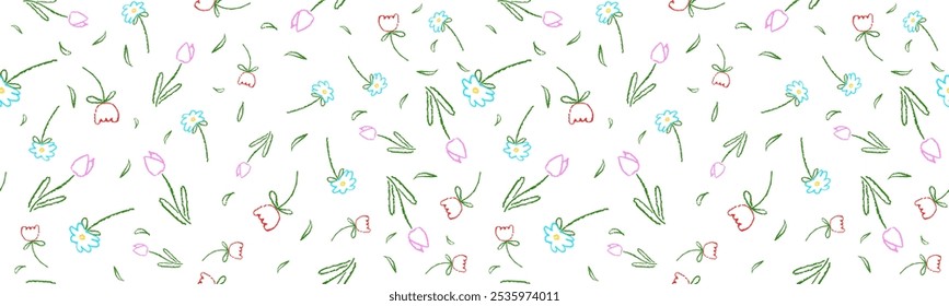 Colorful seamless pattern with simple flowers. Bloom botanical elements drawing by wax pencil on blackboard. Vector floral background for children's drawing with chalk with doodle elements.