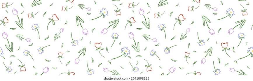 Farbiges nahtloses Muster mit einfachen Blumen. Blüte botanische Elemente Zeichnung mit Wachsbleistift auf Tafel. Vektor floraler Hintergrund für Kinderzeichnung mit Kreide mit Doodle-Elementen.