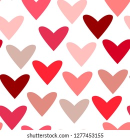 Colorful seamless pattern of simple heart icons of various pink red colors on white background. Love and marriage symbol. For wedding and Valentine’s day design. Vector illustration