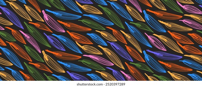 Colorful seamless pattern with simple linear leaves. Hand drawn doodle style foliage background. Creative nature seamless banner design with colorful plants. Childish style organic wallpaper