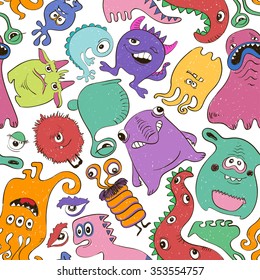 Colorful seamless pattern with sketch funny monsters. Abstract graphic background.