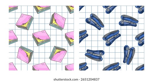 Patrón inconsútil colorido con notas pegajosas incompletas y grapadoras en un fondo de papel cuadrado. Ideal para el diseño de útiles escolares, cuadernos, planificadores y divertidos proyectos de papelería.